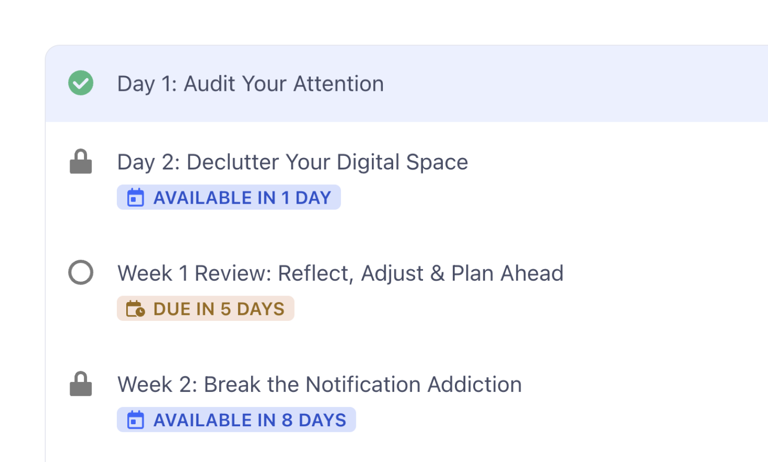 Content release schedule showing gradual content delivery and deadlines