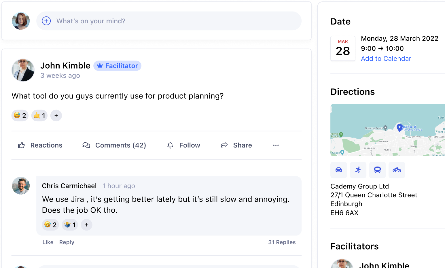 Discussion forum interface showing student interactions and conversations
