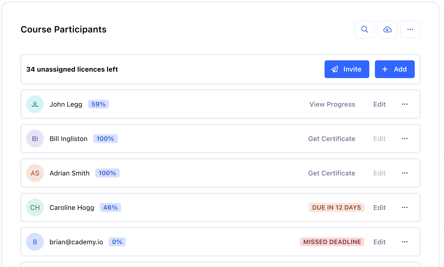 Manager dashboard showing team learning progress and enrollment management