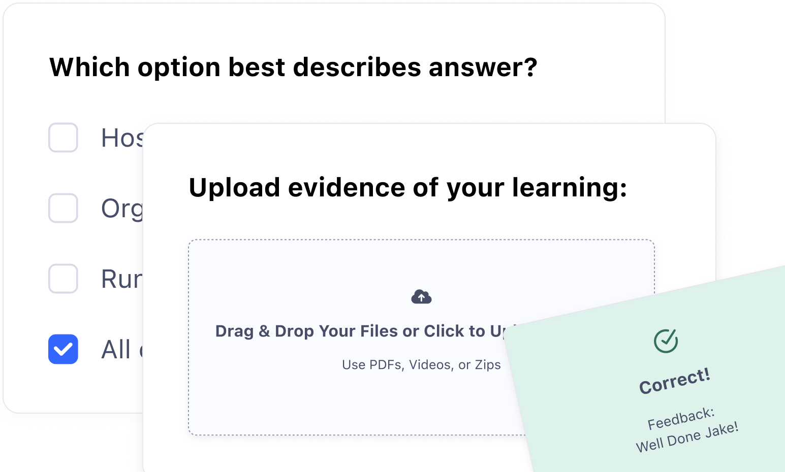 Interactive quiz interface with multiple choice questions and assessment tools