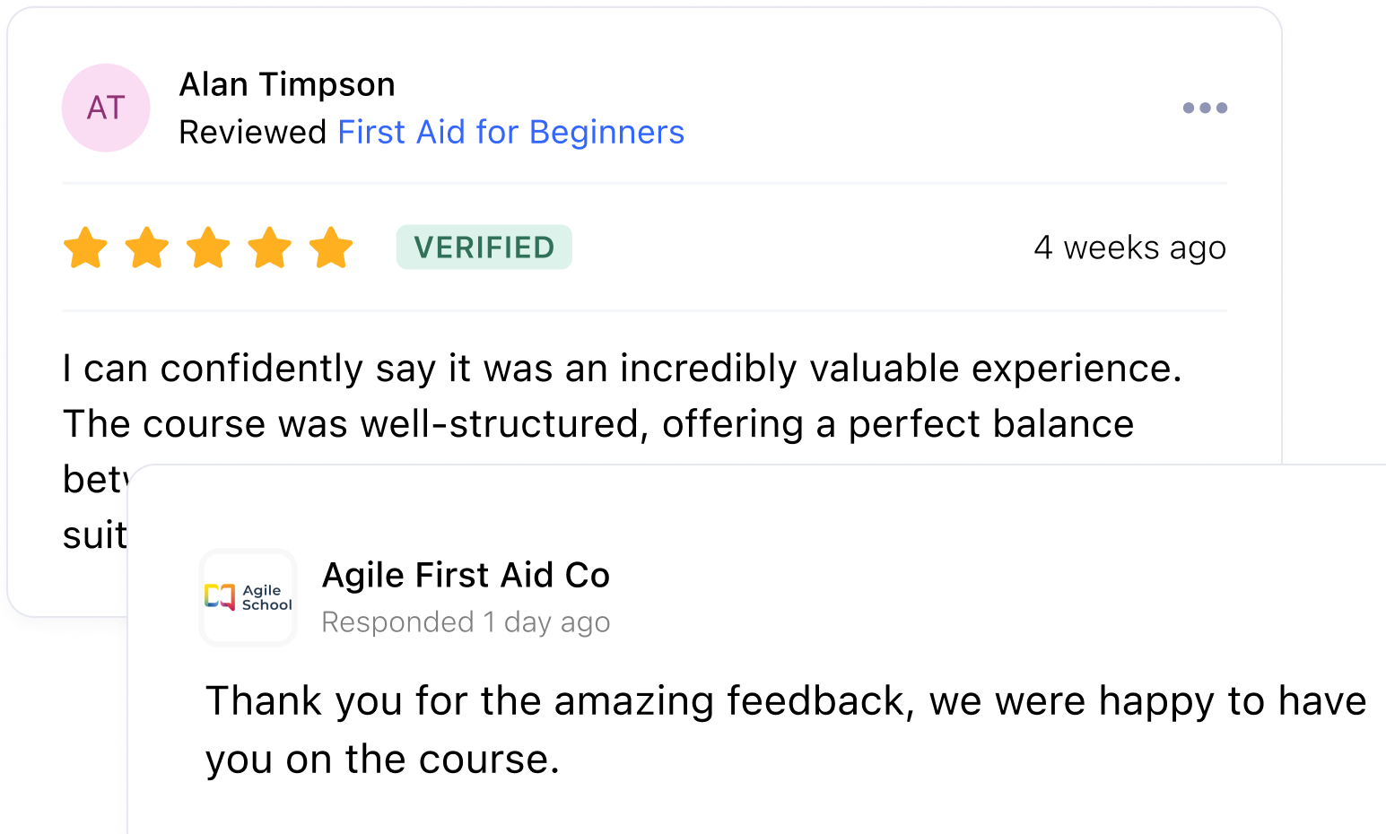 Student review and rating system showing feedback and testimonials