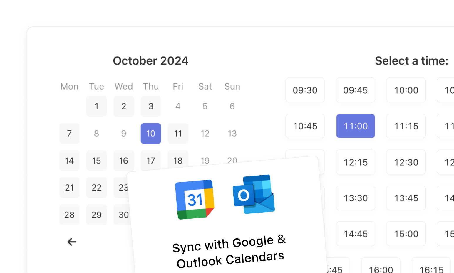 Calendar interface showing available time slots for one-on-one sessions